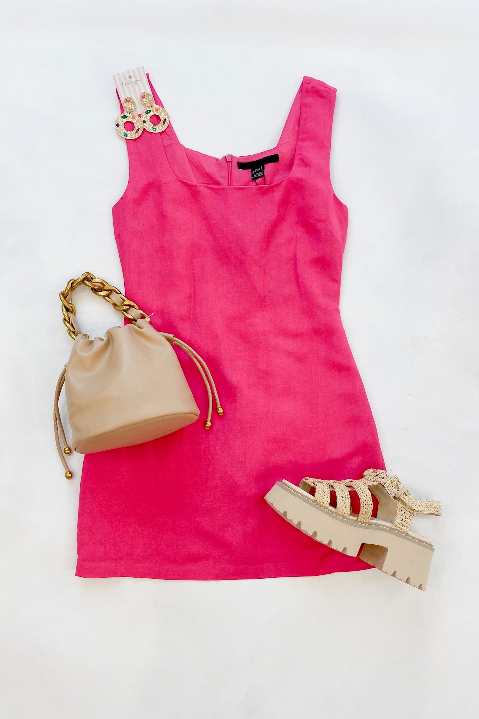 Birdie Linen Sqaure Neck Dress Cerise