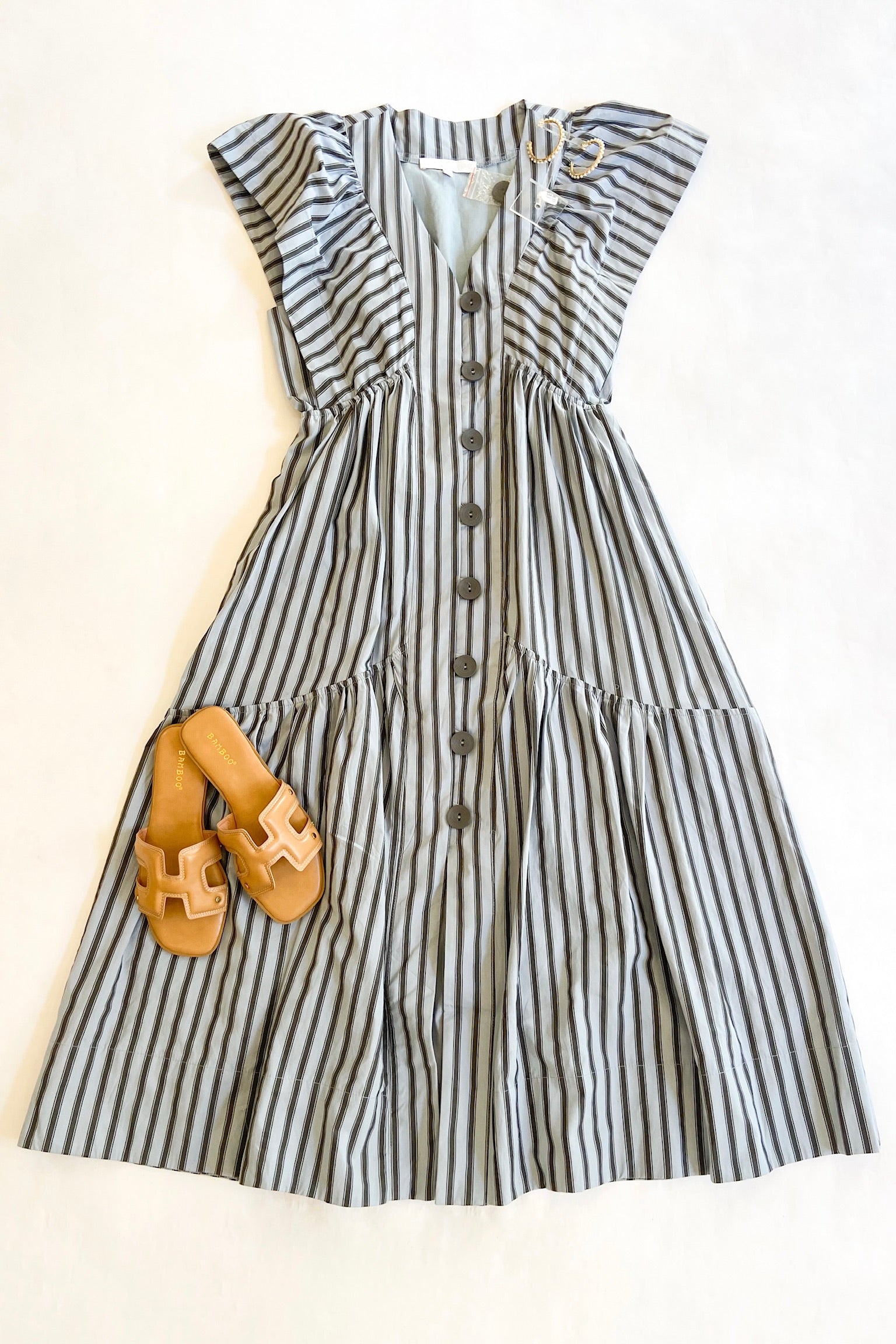 Minty Grey Stripe Midi Dress