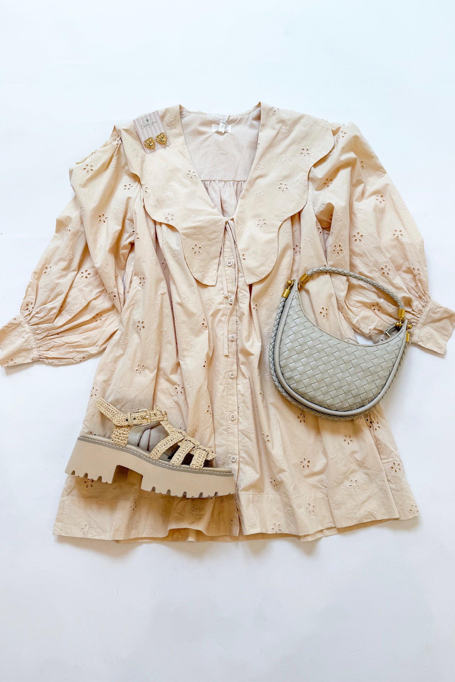 Scallop Collar Mini Dress Beige