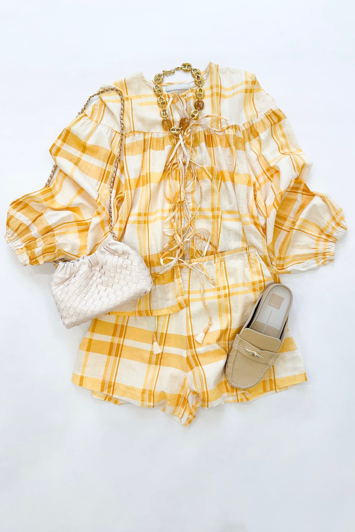 Yellow Plaid Front Tie Blouse