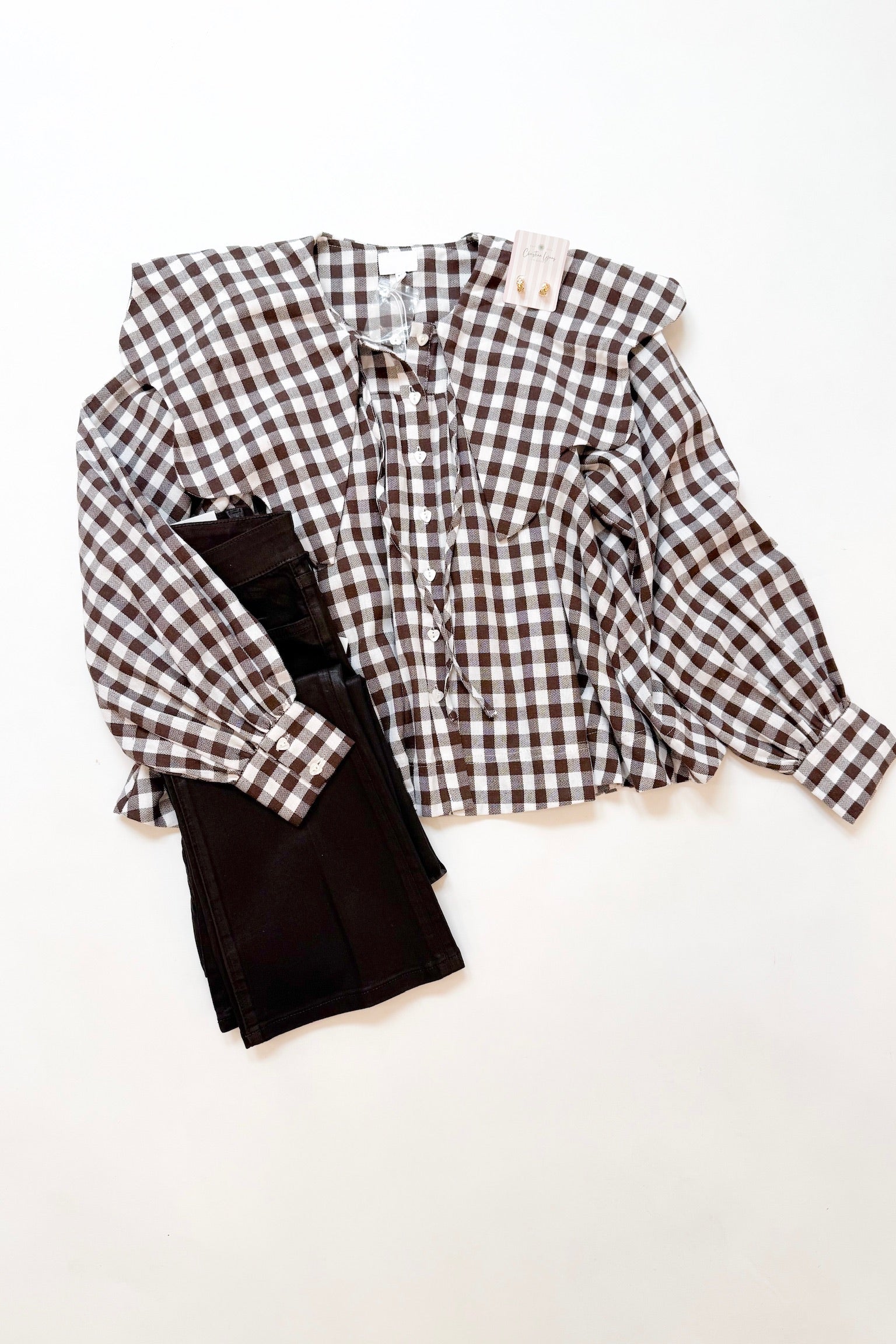 Gingham Scallop Collar Shirt Brown