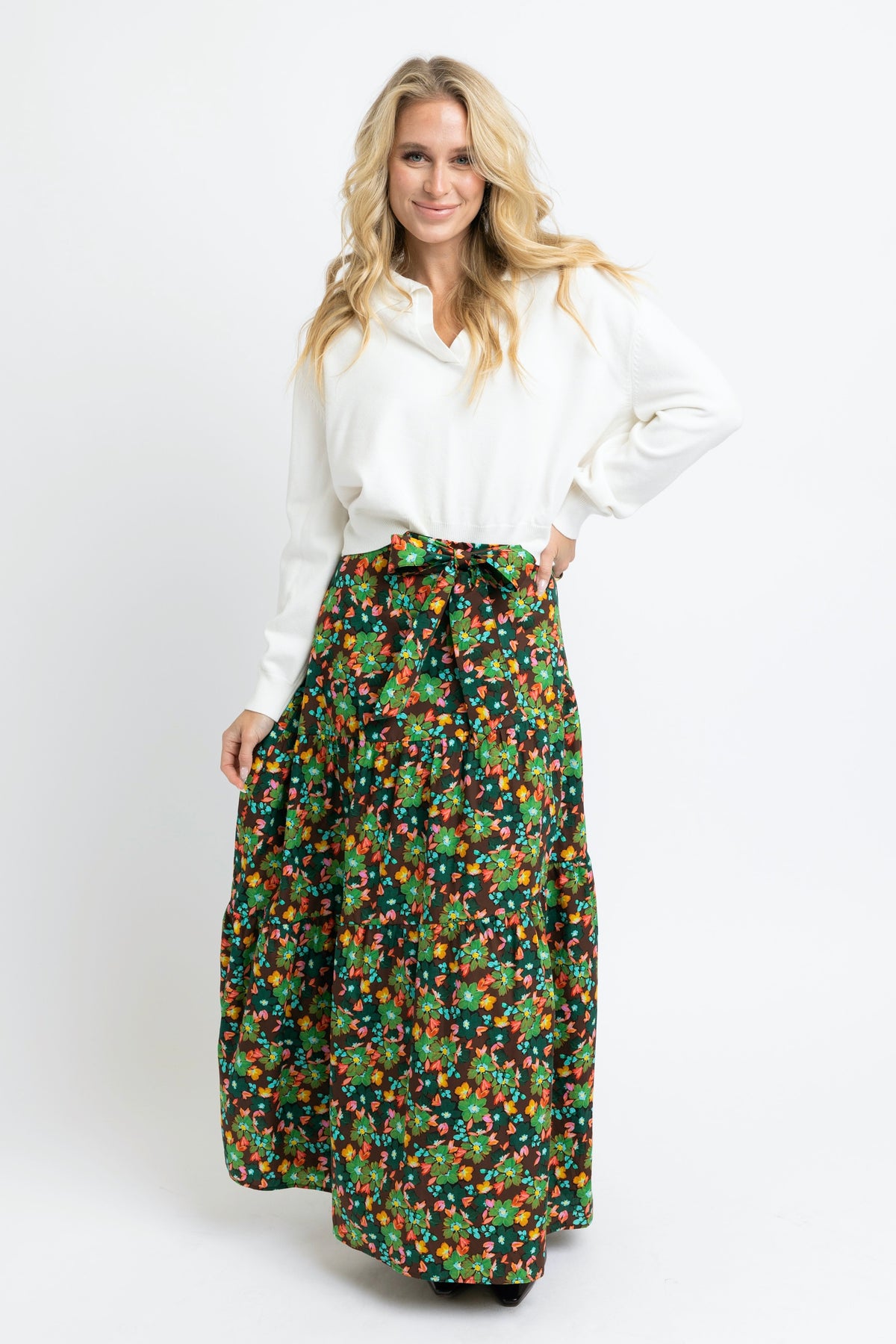 Brown Olive Floral Tie Waist Skirt