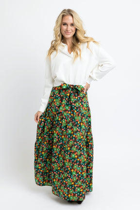 Brown Olive Floral Tie Waist Skirt
