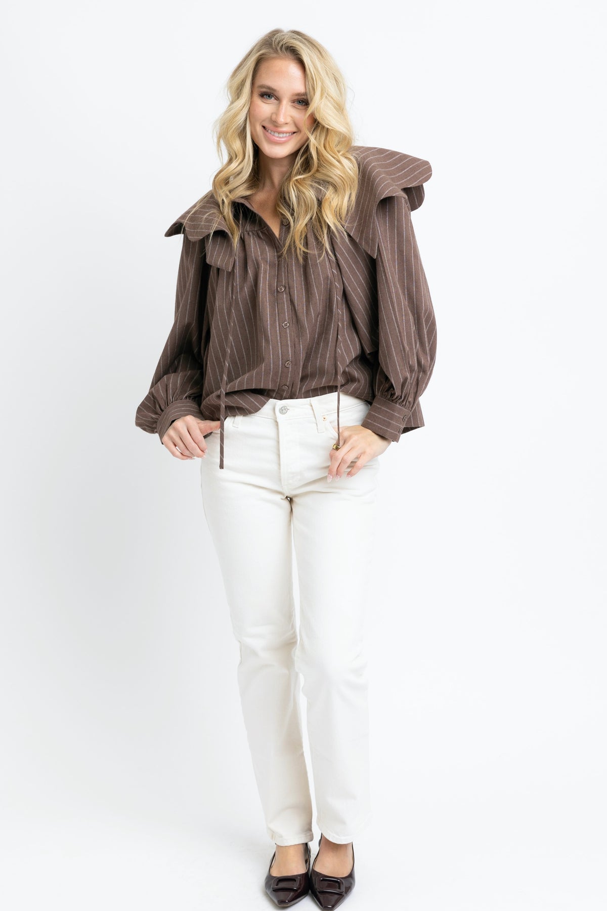 Brown Stripe Collar Blouse