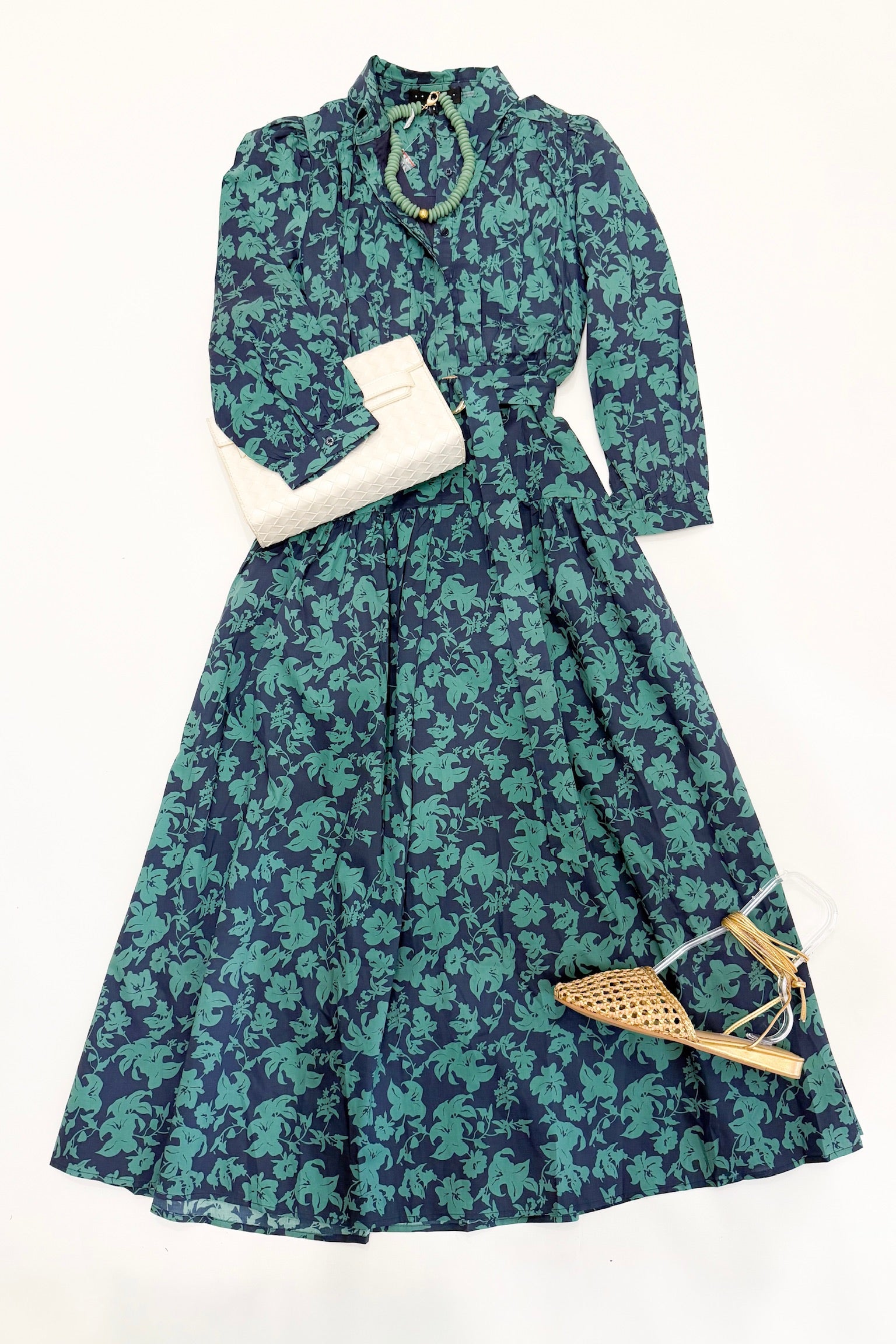 Navy Green Floral Midi Dress