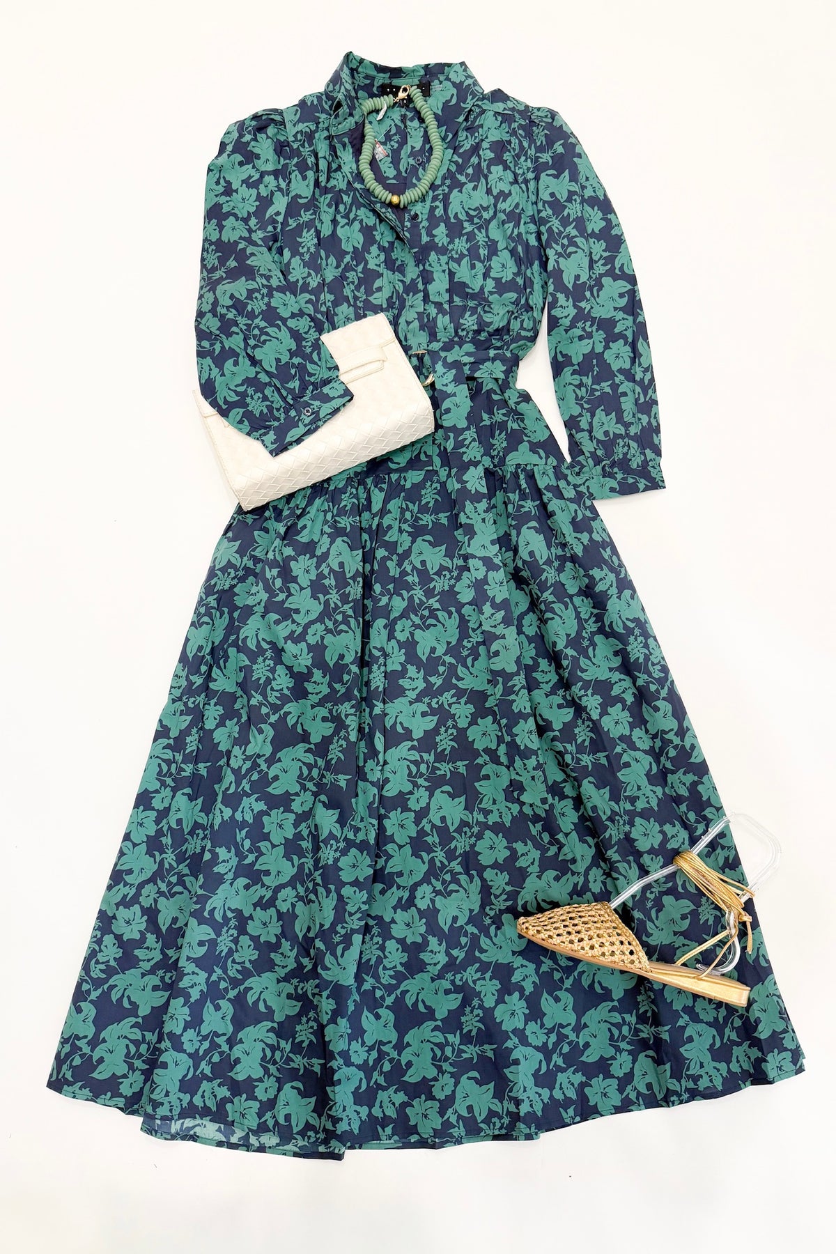 Navy Green Floral Midi Dress