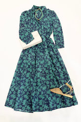 Navy Green Floral Midi Dress