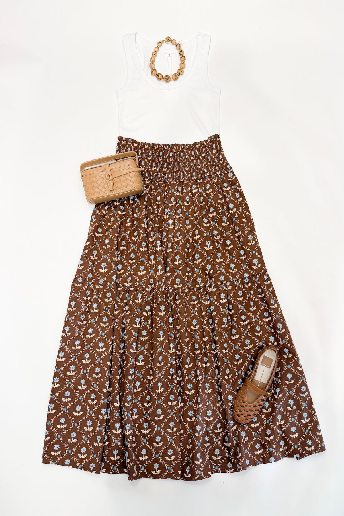 Brown Floral Smocked Maxi Skirt