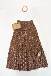 Brown Floral Smocked Maxi Skirt