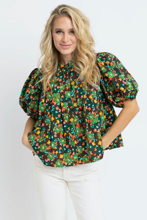 Brown Olive Floral Short Sleeve Blouse