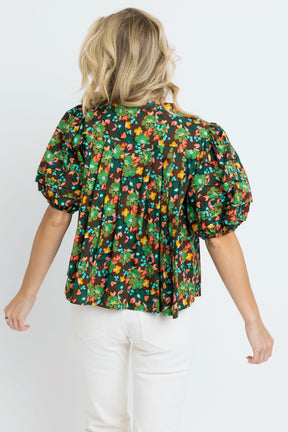Brown Olive Floral Short Sleeve Blouse
