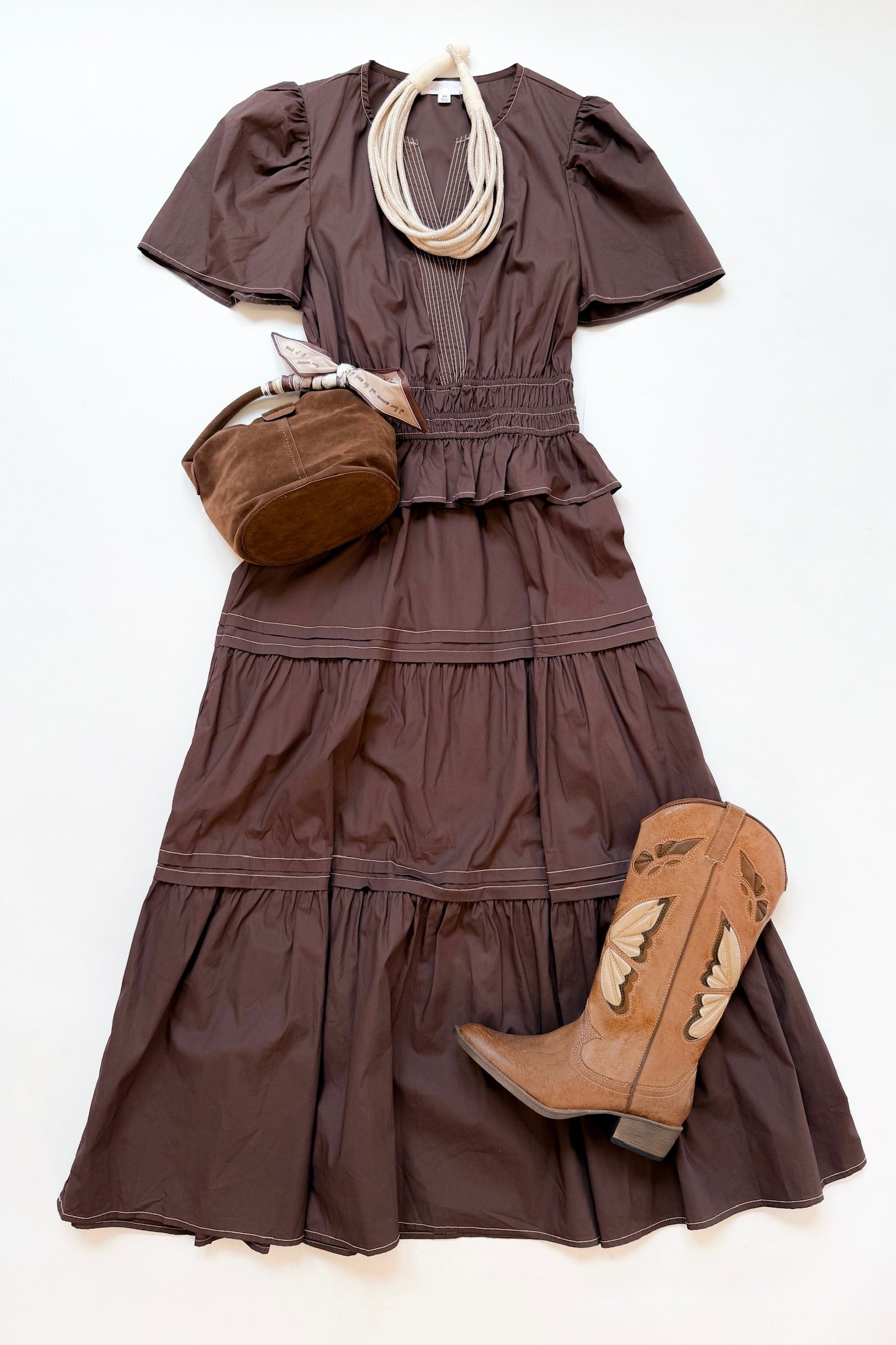 Tabi Tiered Midi Dress Brown