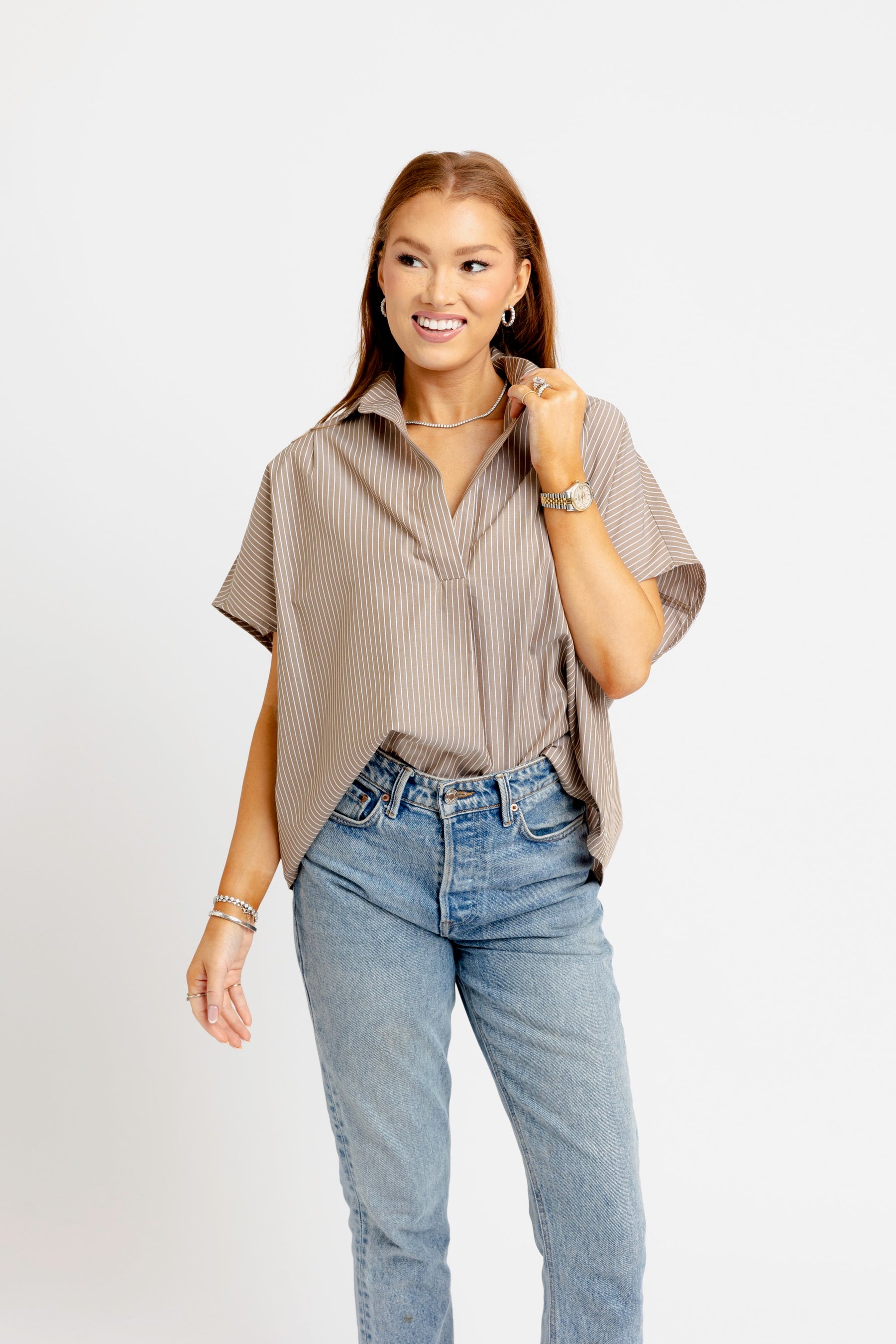 Striped Signature Collar Top Brown
