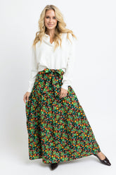 Brown Olive Floral Tie Waist Skirt