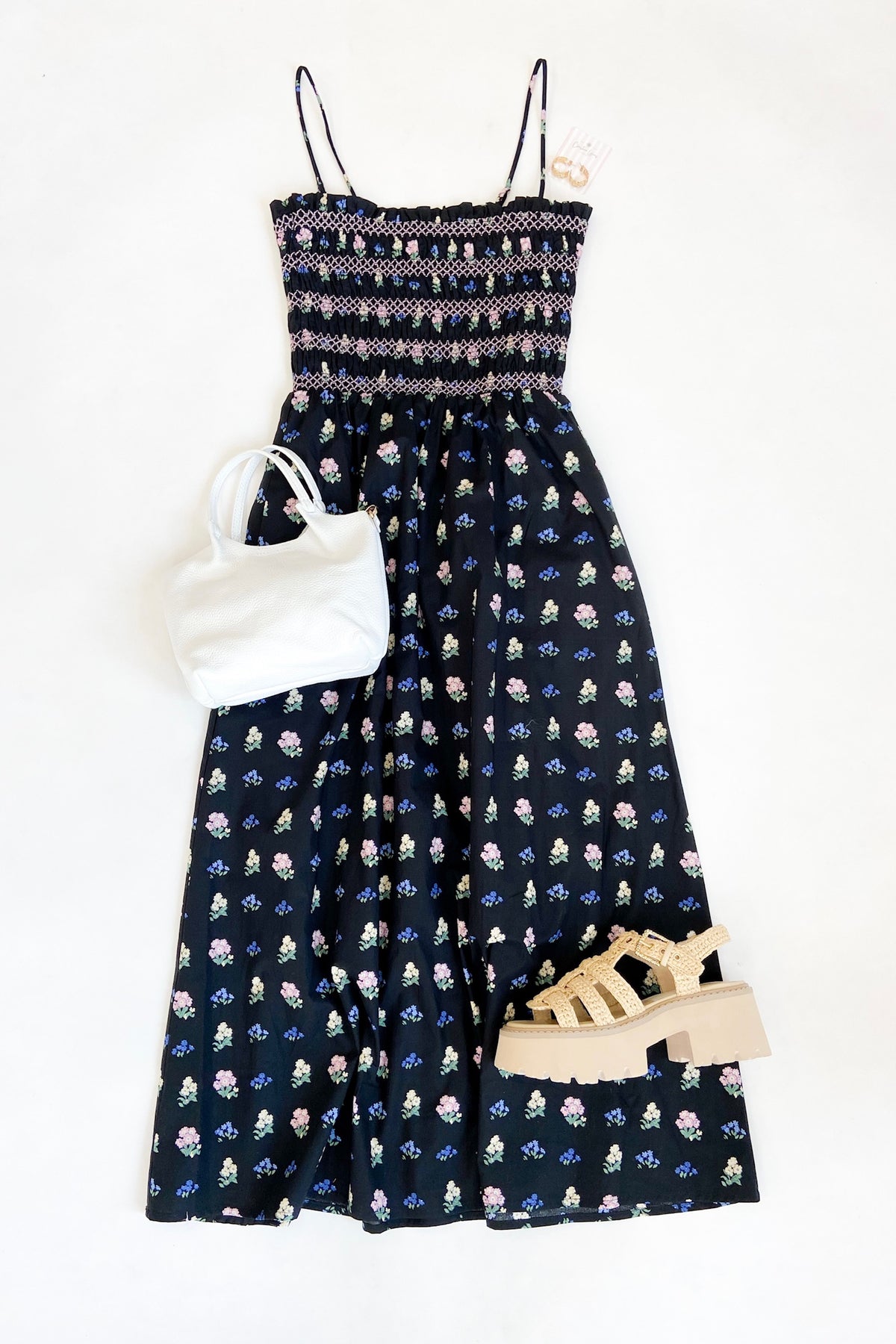 Black Floral Smocked Midi Dress