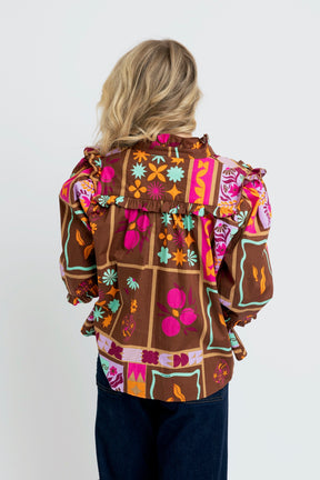 Brown Floral Ruffle Blouse