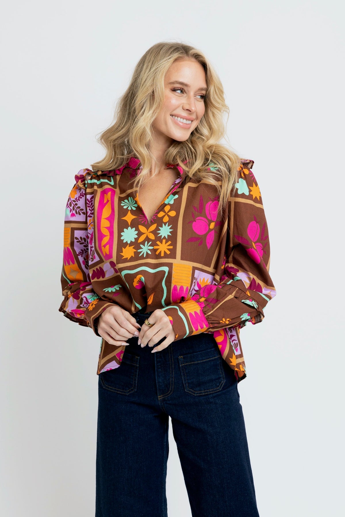 Brown Floral Ruffle Blouse