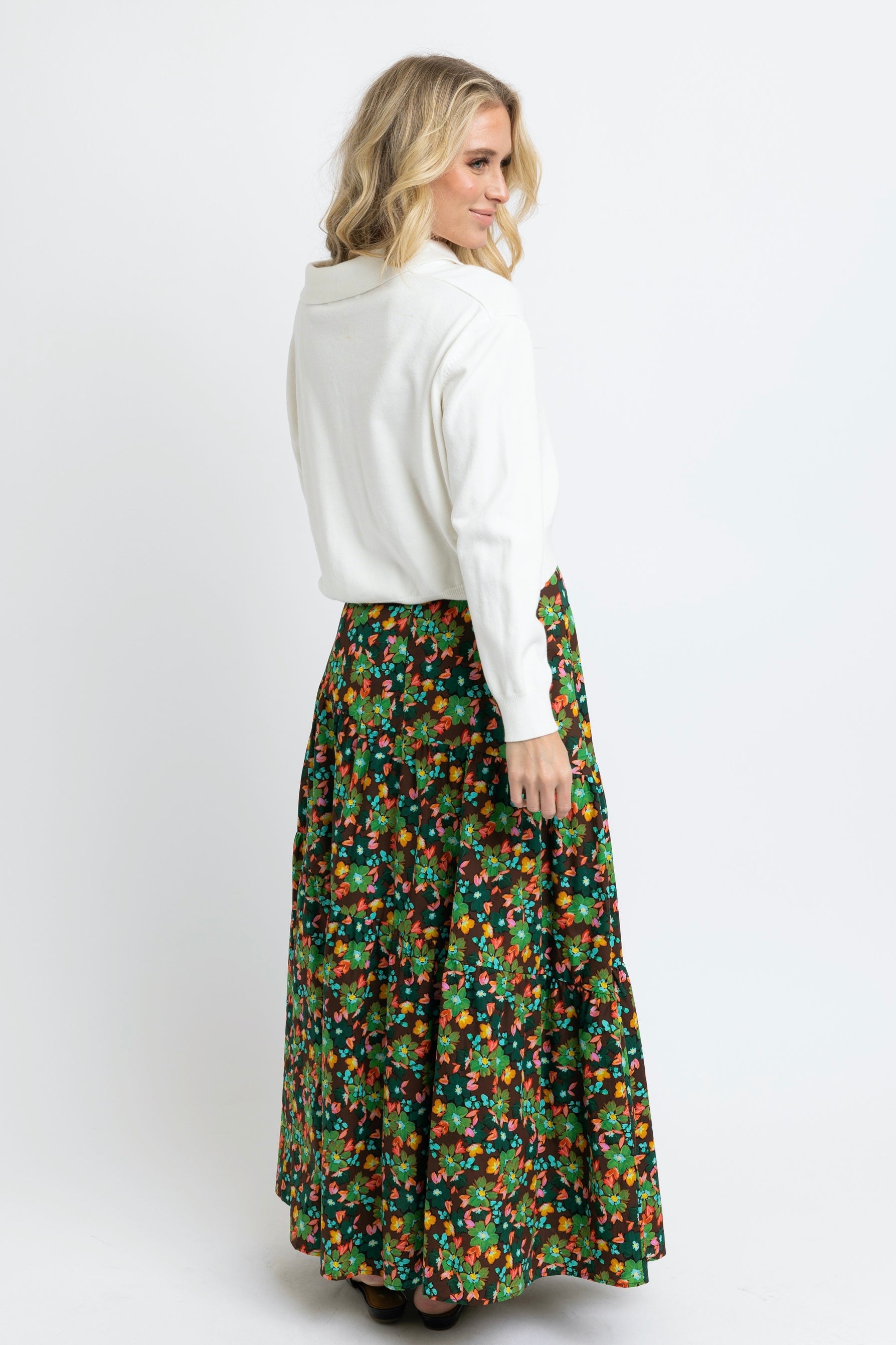 Brown Olive Floral Tie Waist Skirt