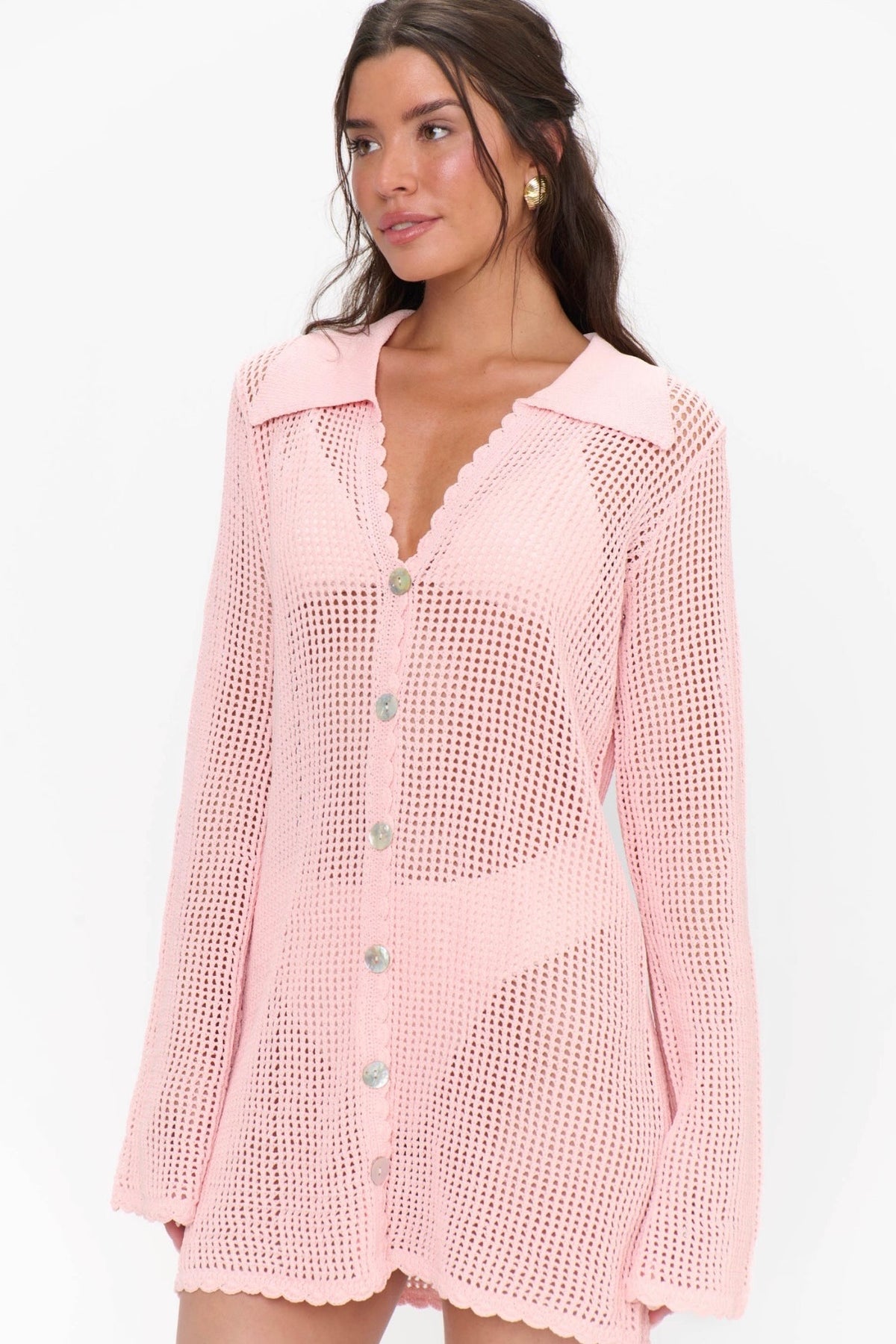 Button Up Coverup Peachy Pink Crochet
