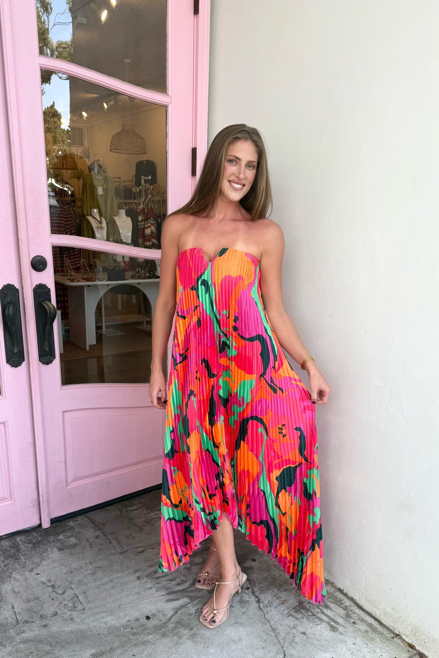 Swirl Satin Pleated Midi Dress