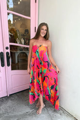 Swirl Satin Pleated Midi Dress