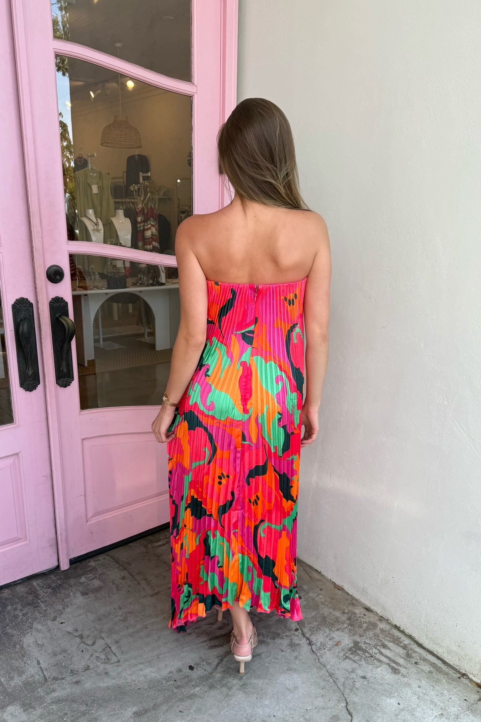 Swirl Satin Pleated Midi Dress