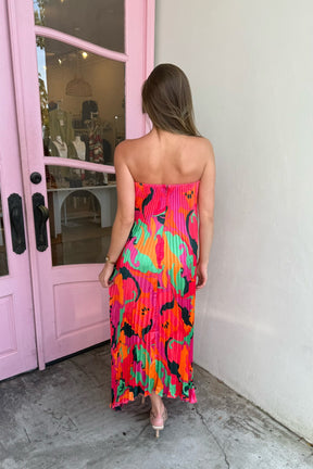 Swirl Satin Pleated Midi Dress