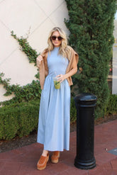 Dusty Blue Mock Neck Maxi Dress