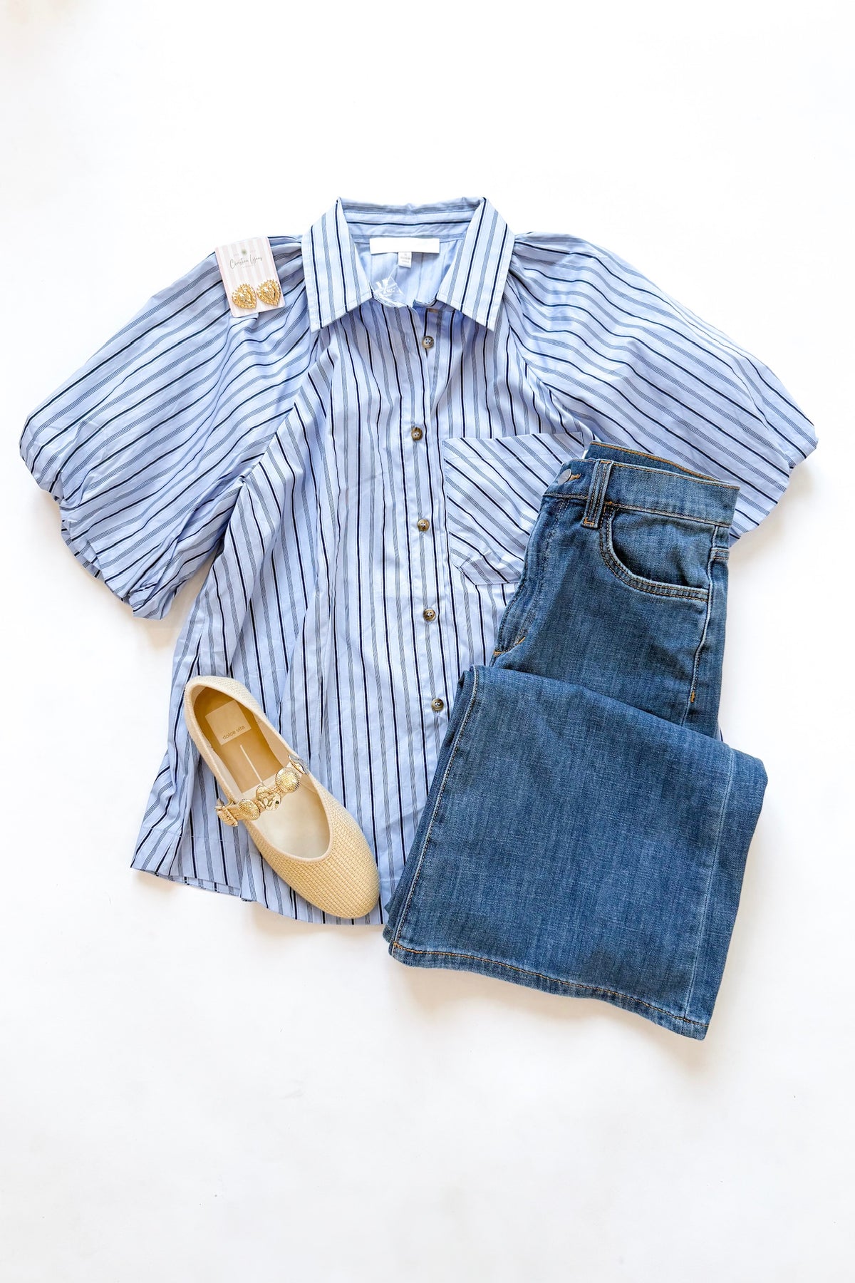 Blue Striped Bubble Sleeve Blouse
