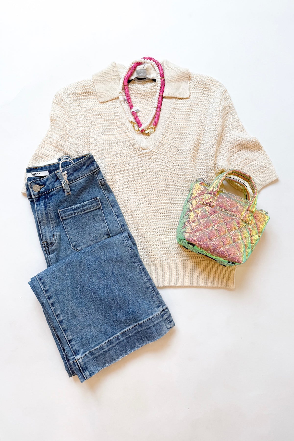Oatmeal Collar Short Sleeve Sweater