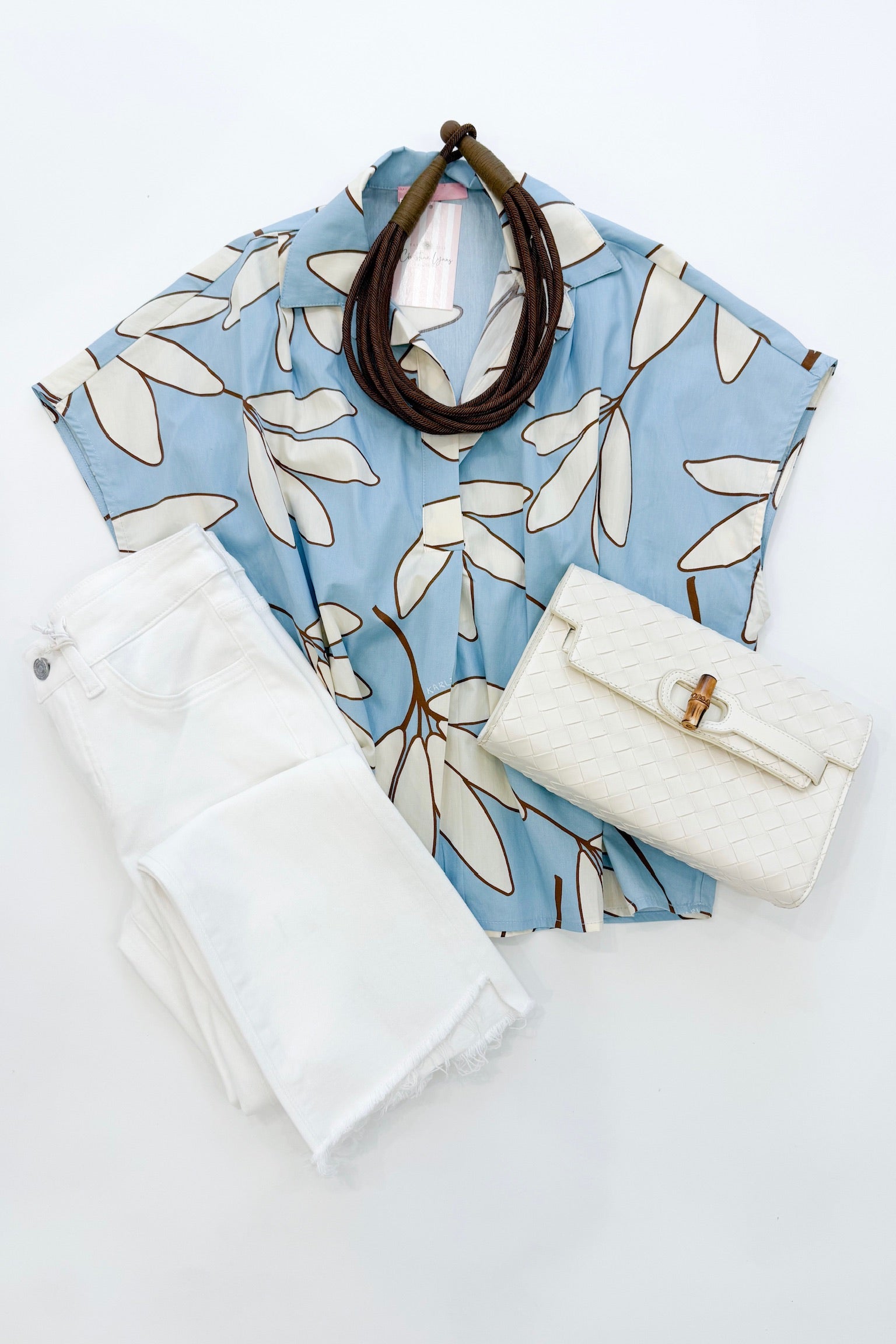 Signature Collar Top Blue Palm