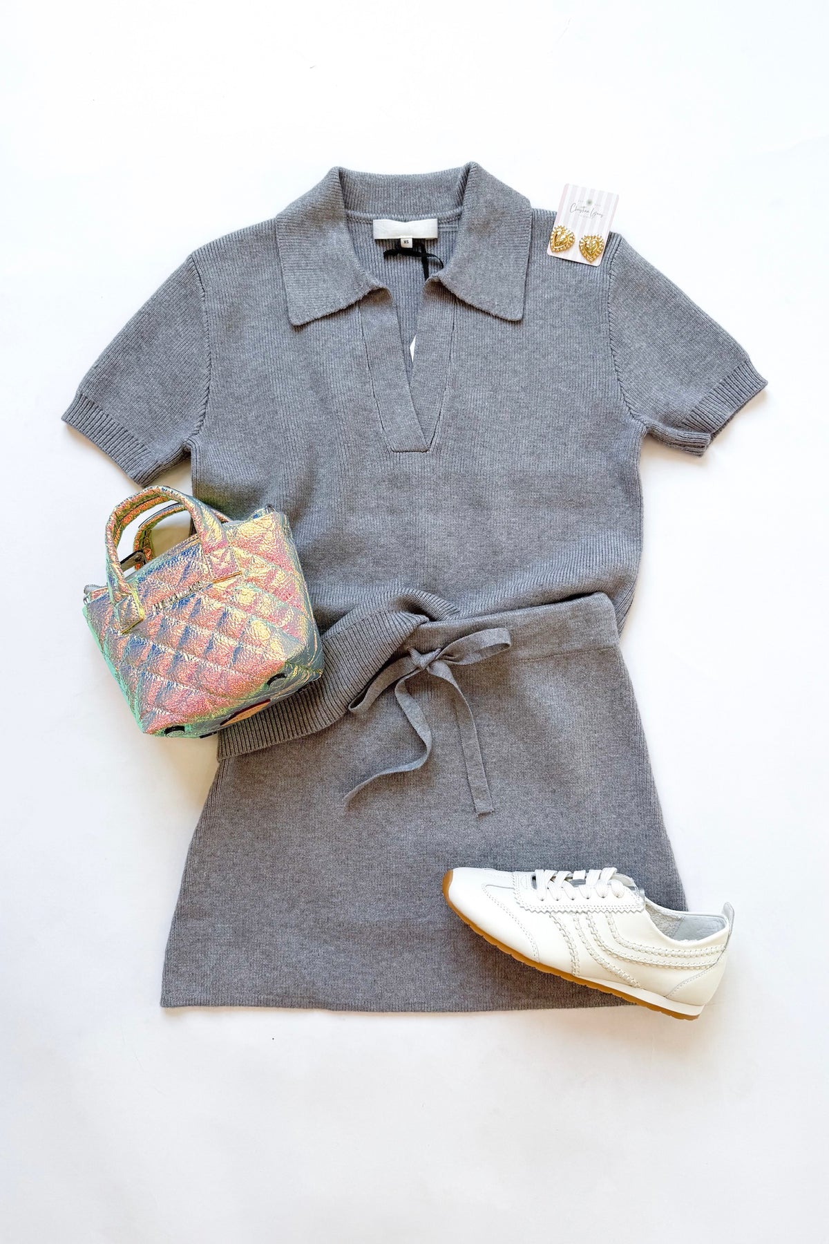 Grey Knit Polo Top