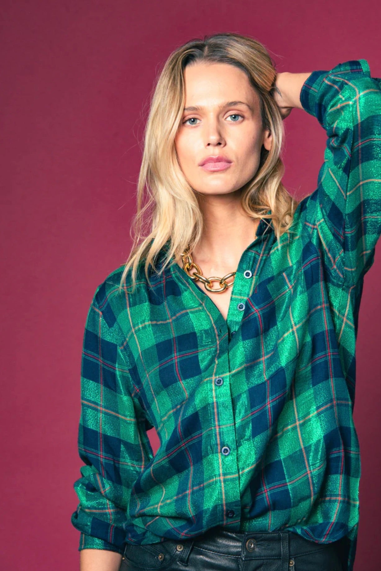 The Boyfriend Shirt Green Lurex Plaid
