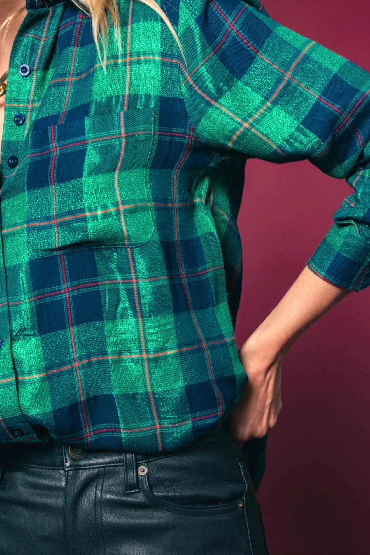 The Boyfriend Shirt Green Lurex Plaid