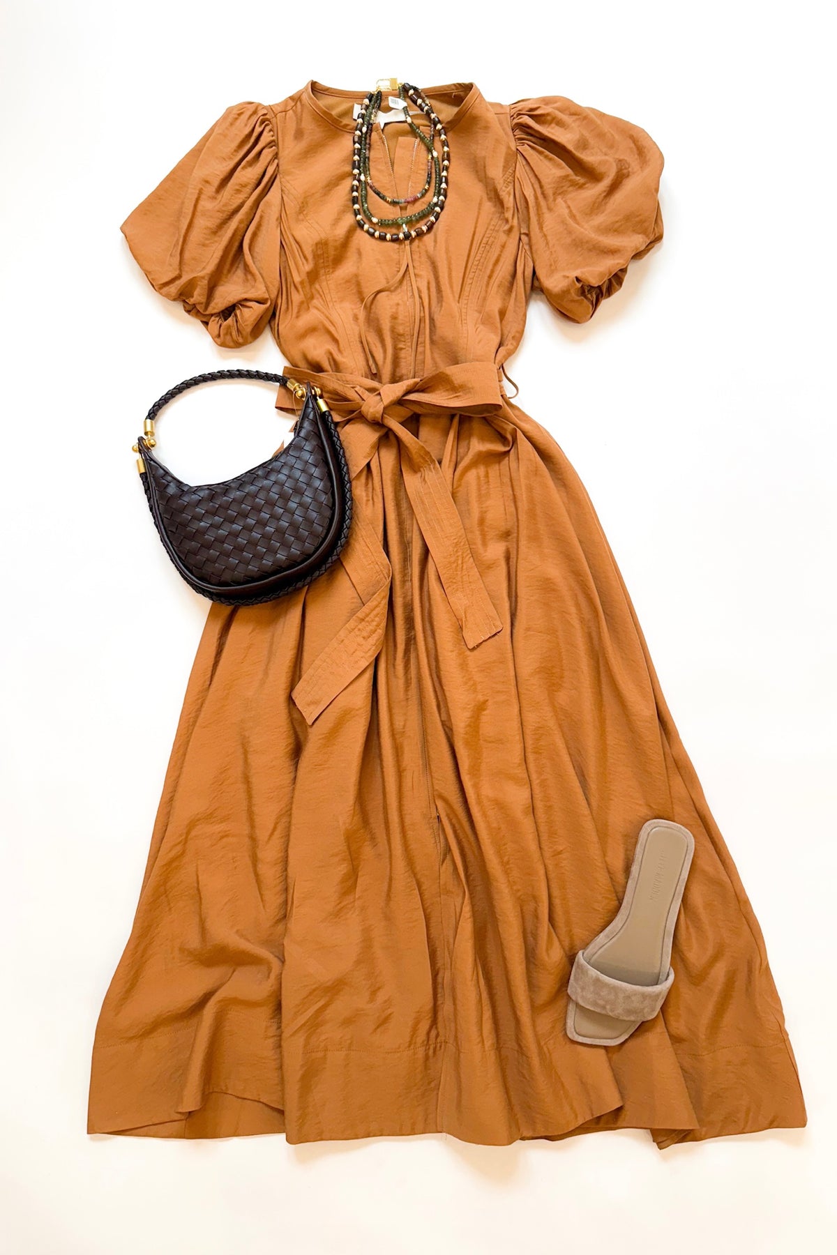 Camel Puff Sleeve Midi Dress