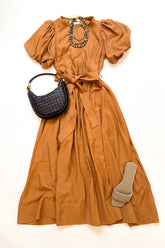 Camel Puff Sleeve Midi Dress