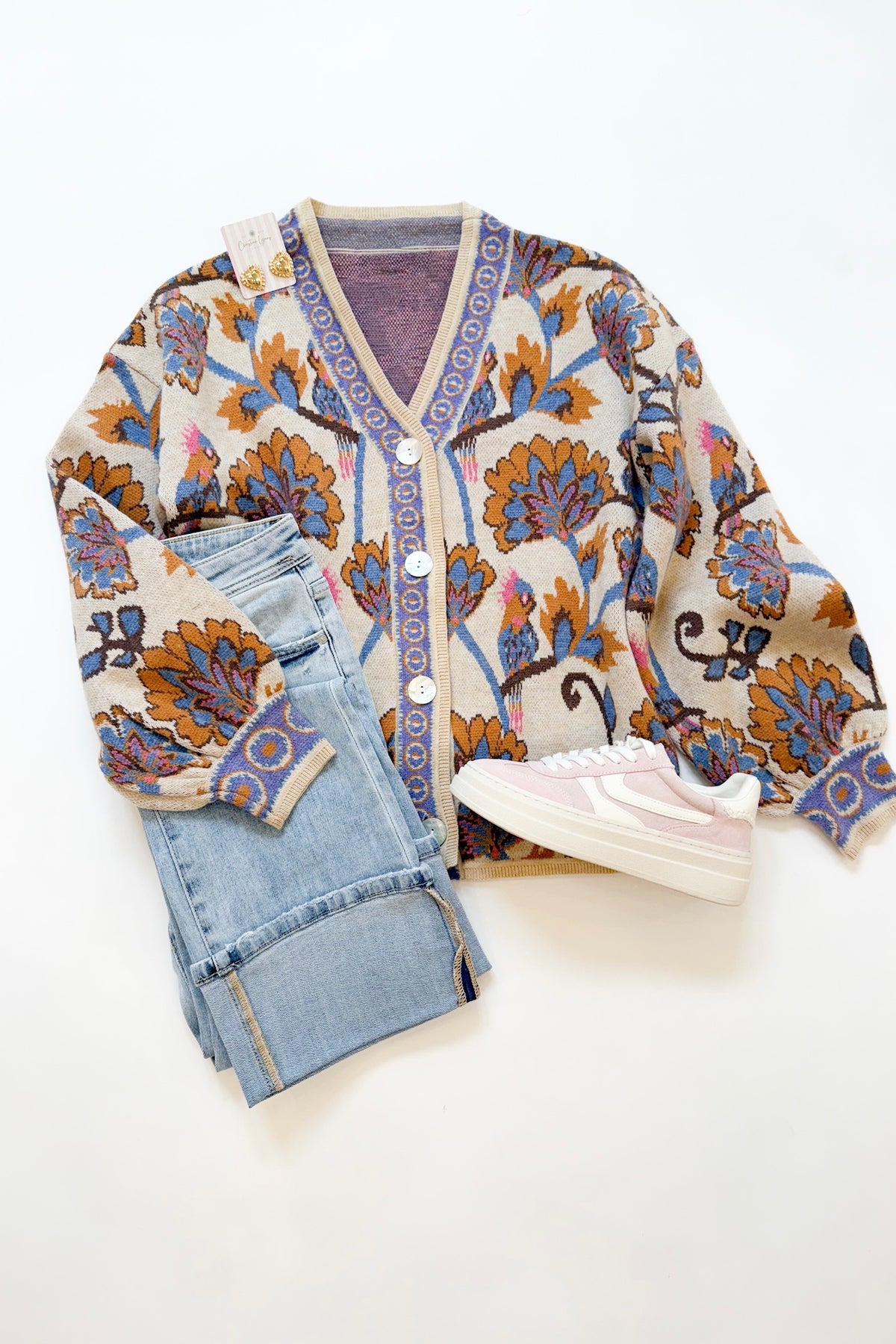 Taupe Jacquard Knit Cardigan