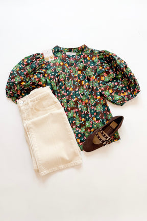 Brown Olive Floral Short Sleeve Blouse