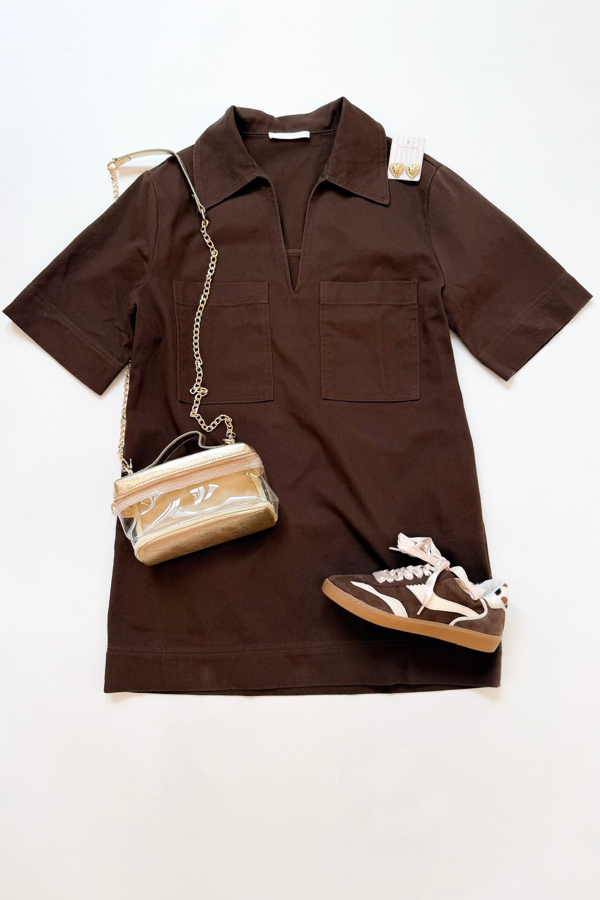 Denim Pocket Shift Dress Brown