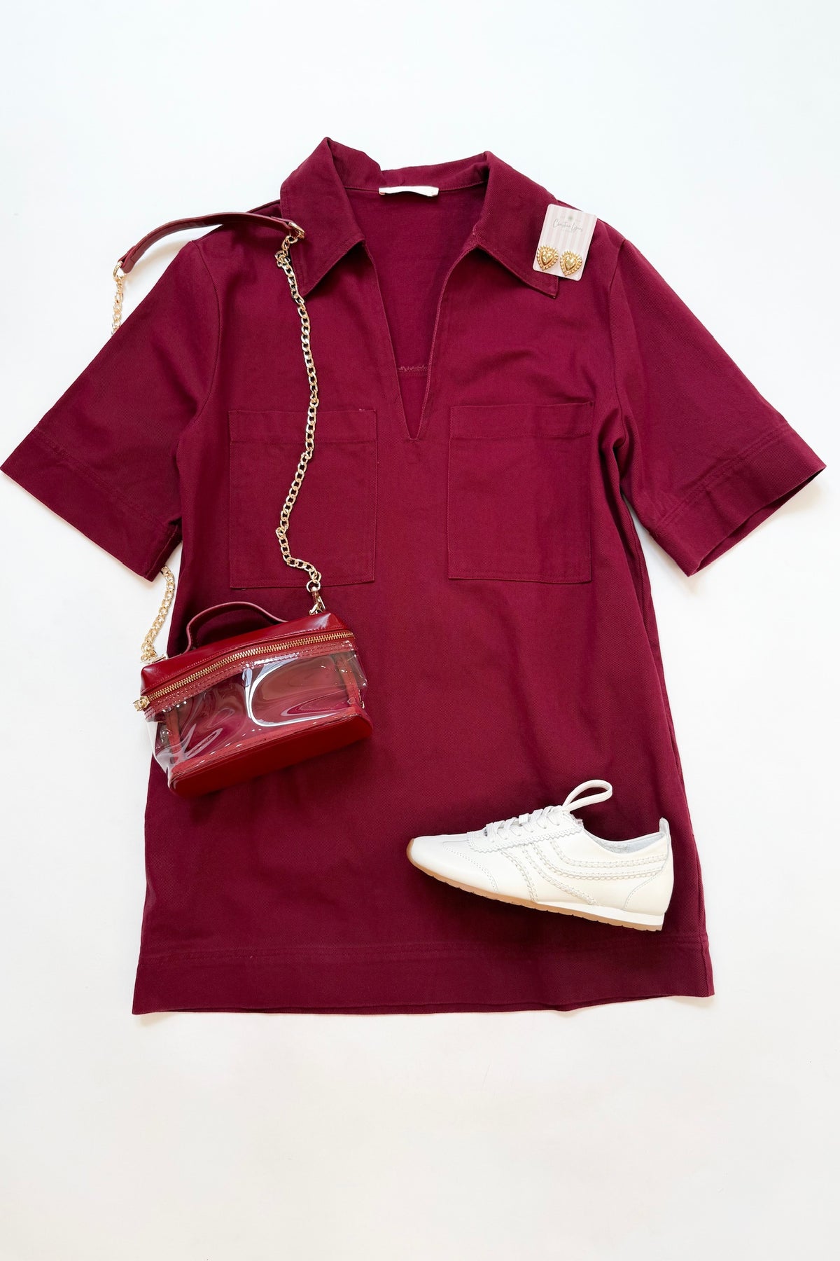 Denim Pocket Shift Dress Burgundy