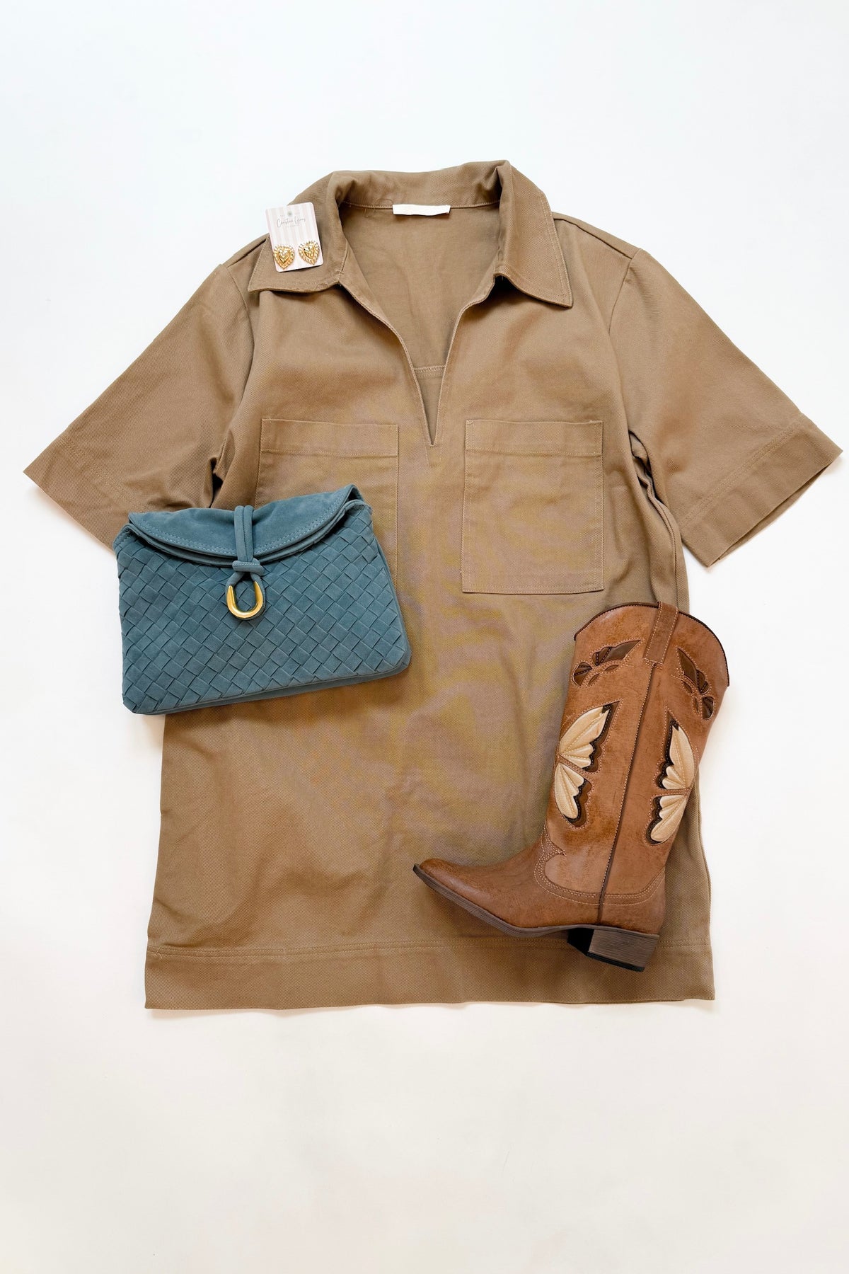 Denim Pocket Shift Dress Taupe