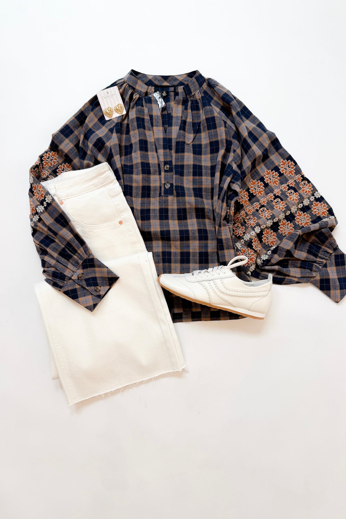 Navy Plaid Embroidered Blouse