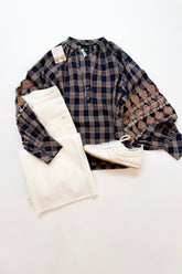 Navy Plaid Embroidered Blouse