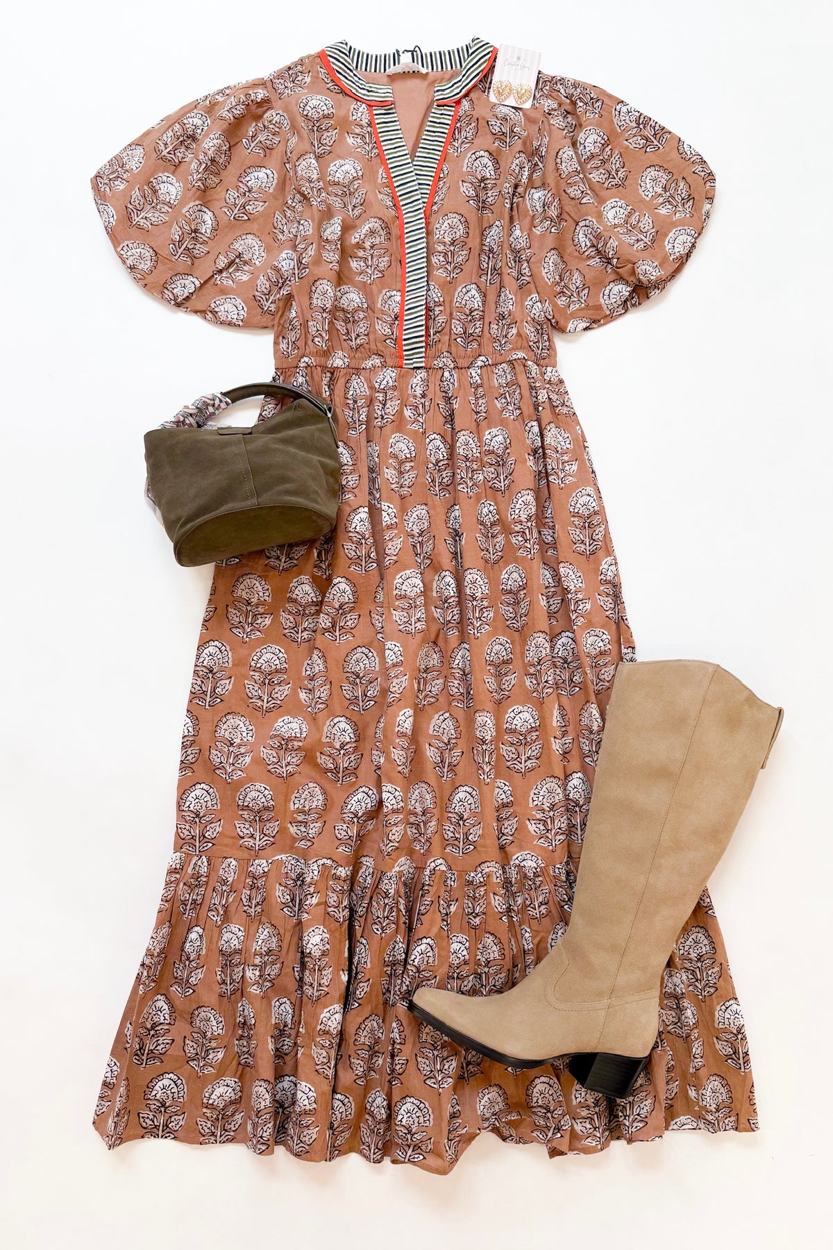 Taupe Floral Block Midi Dress