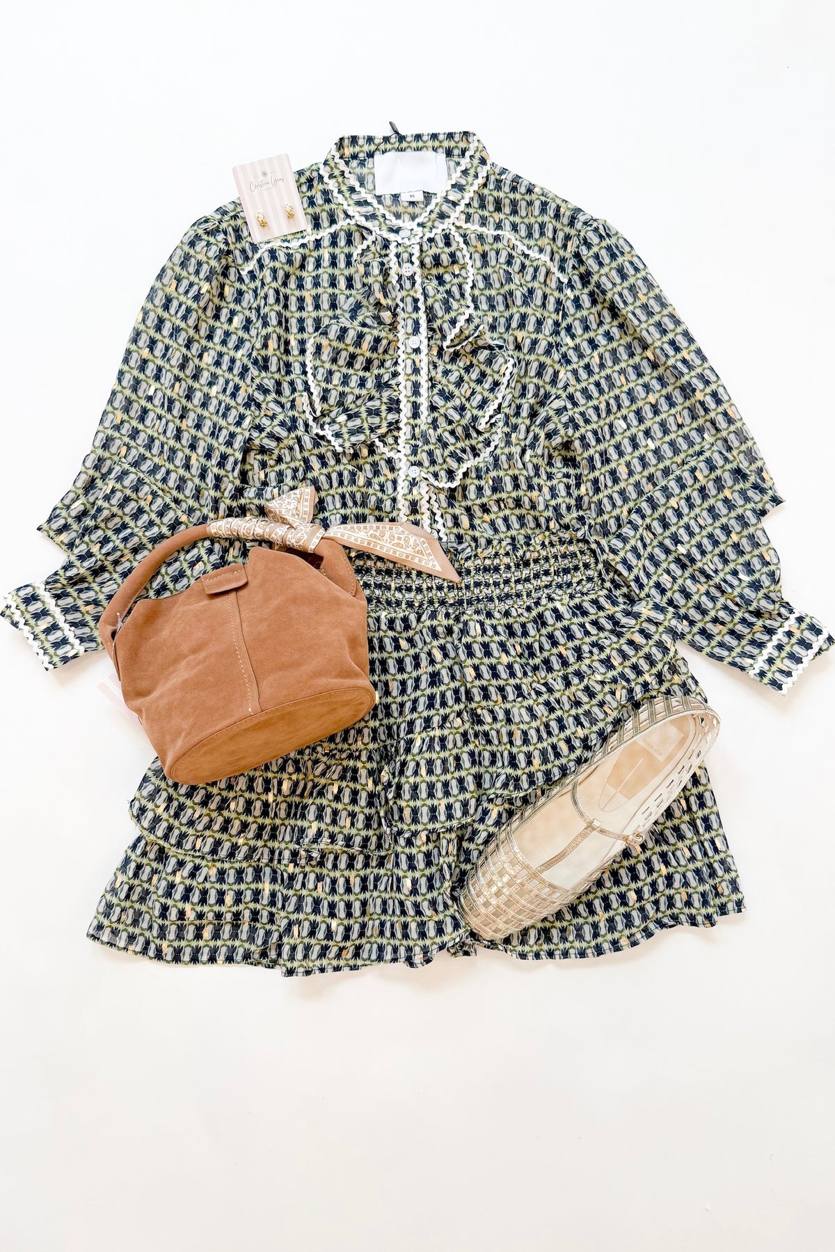 The Ruffled Front Shirt Green Geo