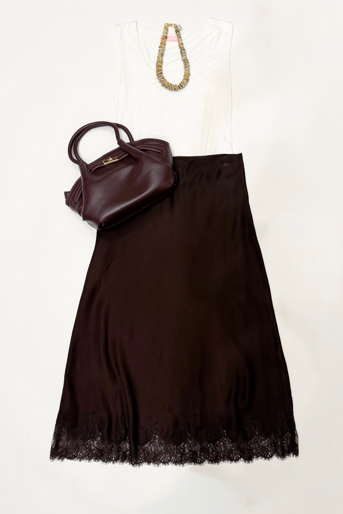 Ennis Satin Lace Midi Skirt Cocoa