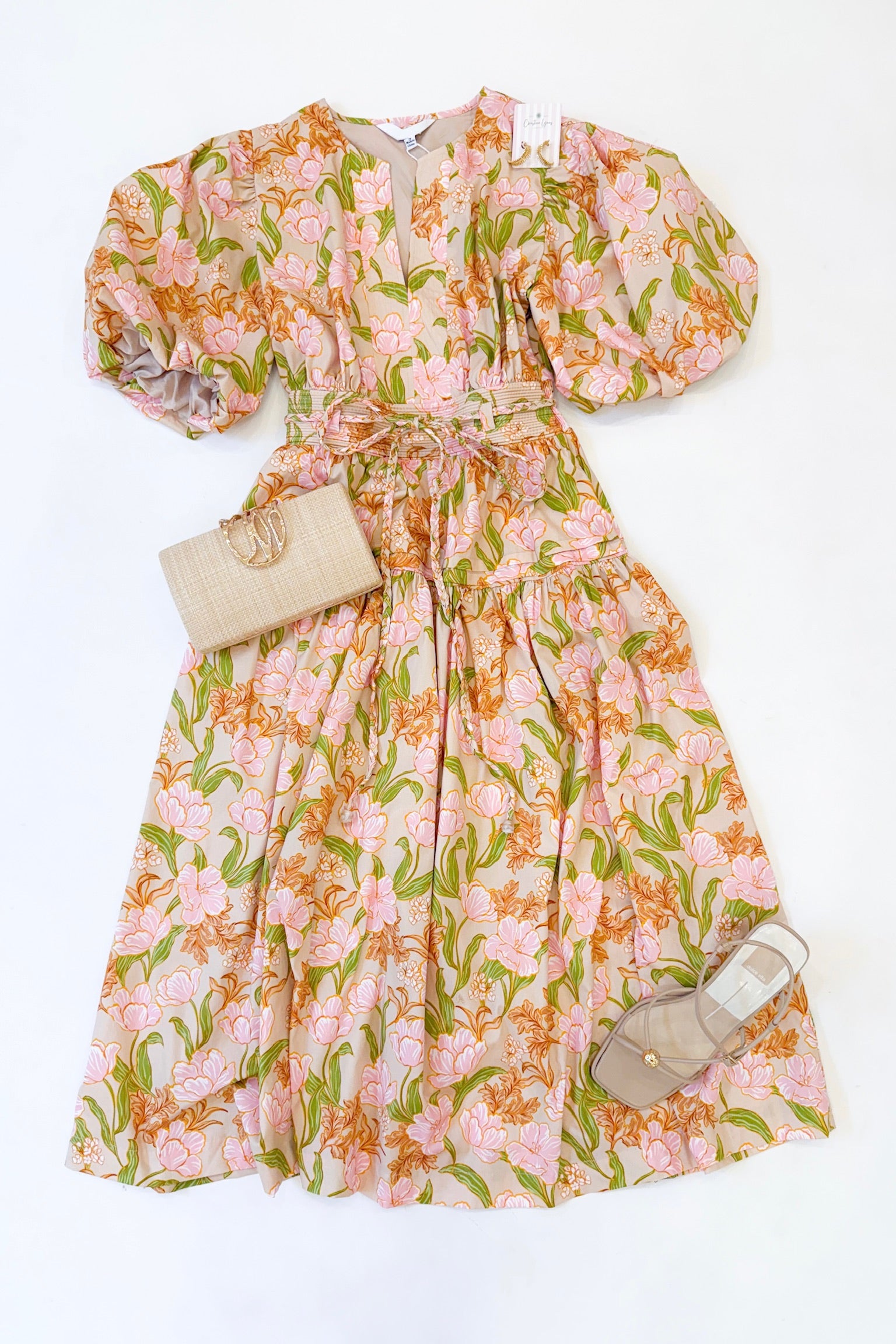 Beige Multi Floral Midi Dress