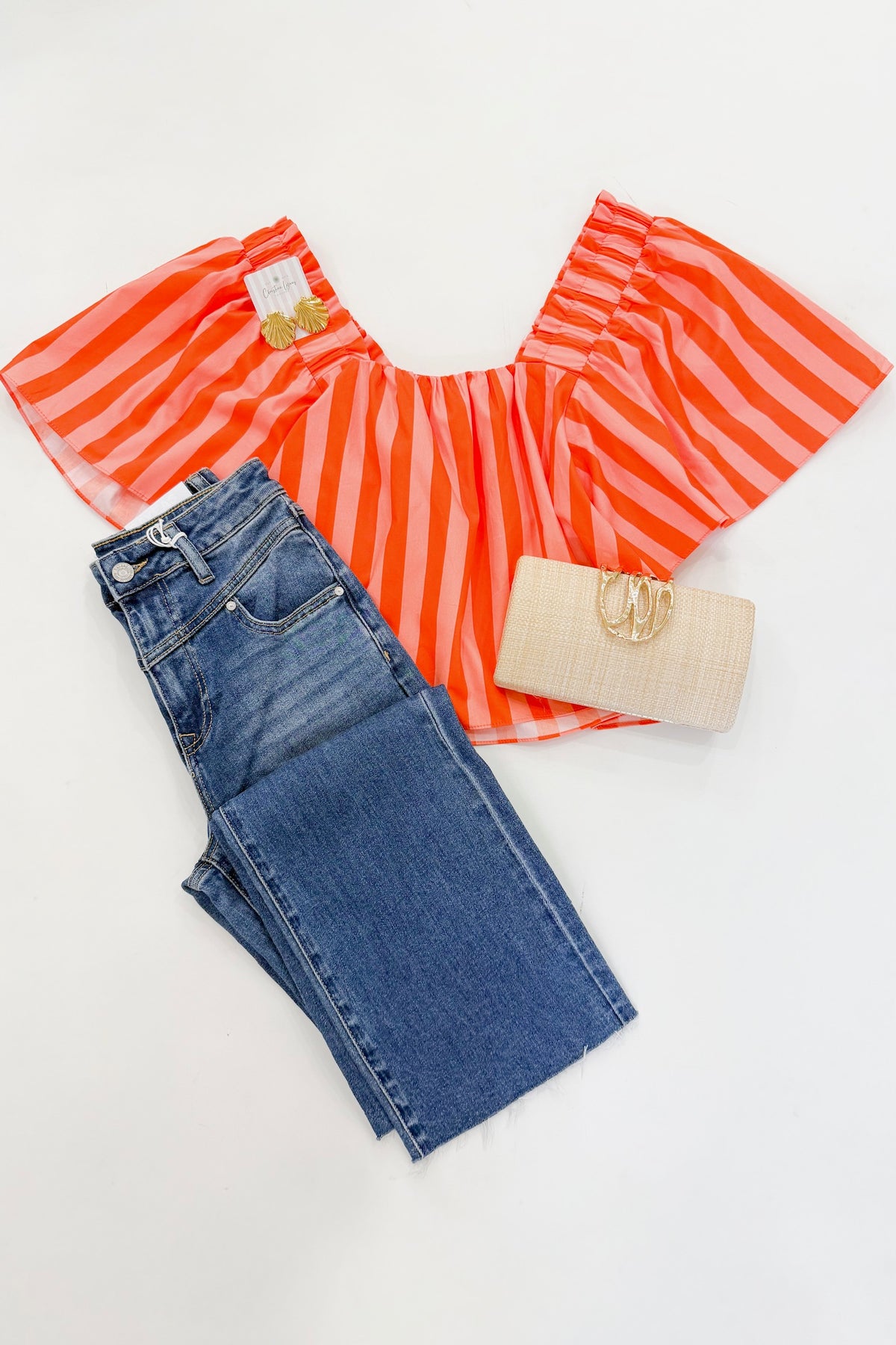 Coral Stripe Square Neck Top