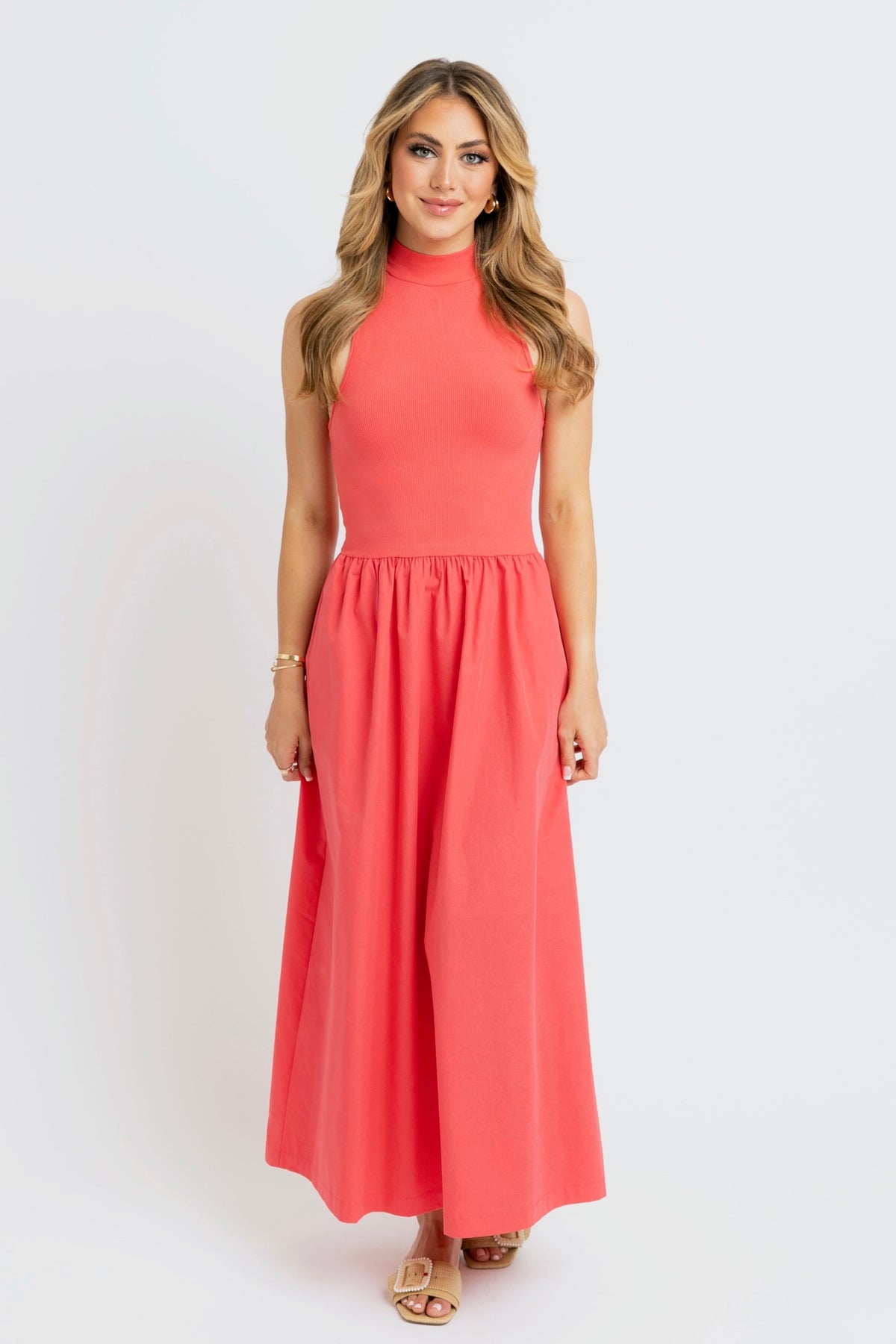 Coral Mock Neck Maxi Dress